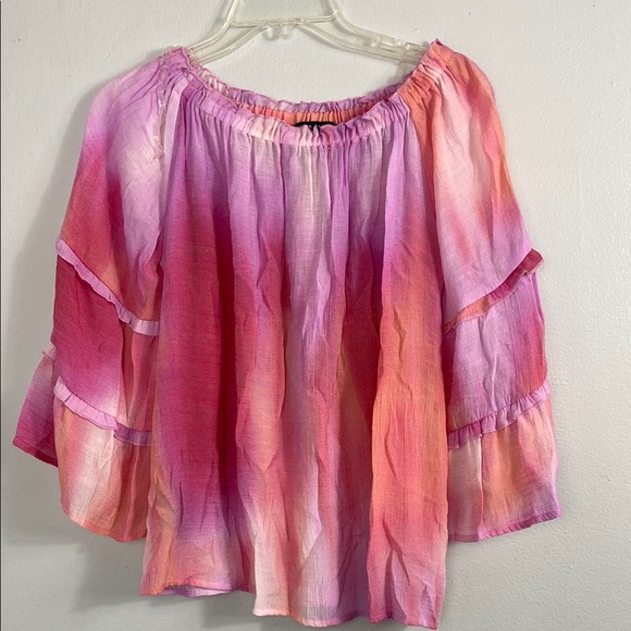 Zac & Rachel Pink and Orange Ruffled Bell Sleeve Blouse - Picture 1 of 7